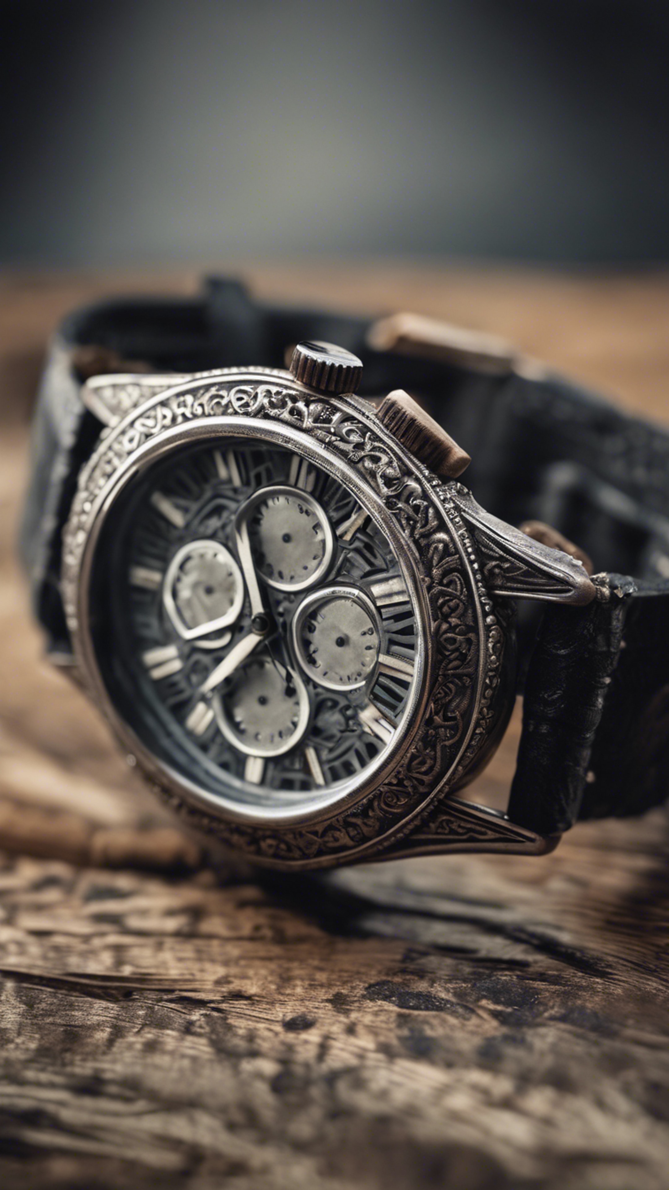 An antique, rustic, black and gray wristwatch with intricate details in its design. Tapetai[fa36b50287764cf98f6d]