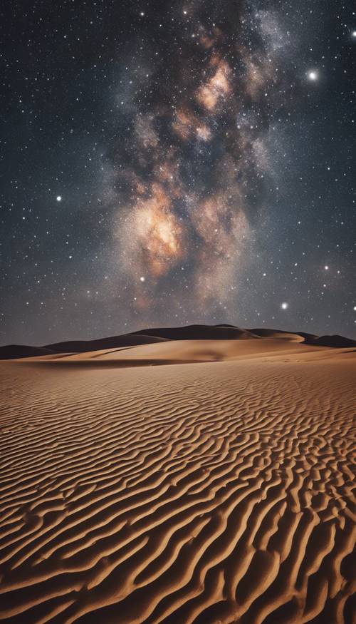 سماء مليئة بالنجوم المتلألئة فوق المناظر الطبيعية الصحراوية الهادئة.