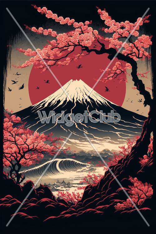 富士山と桜のアート 壁紙