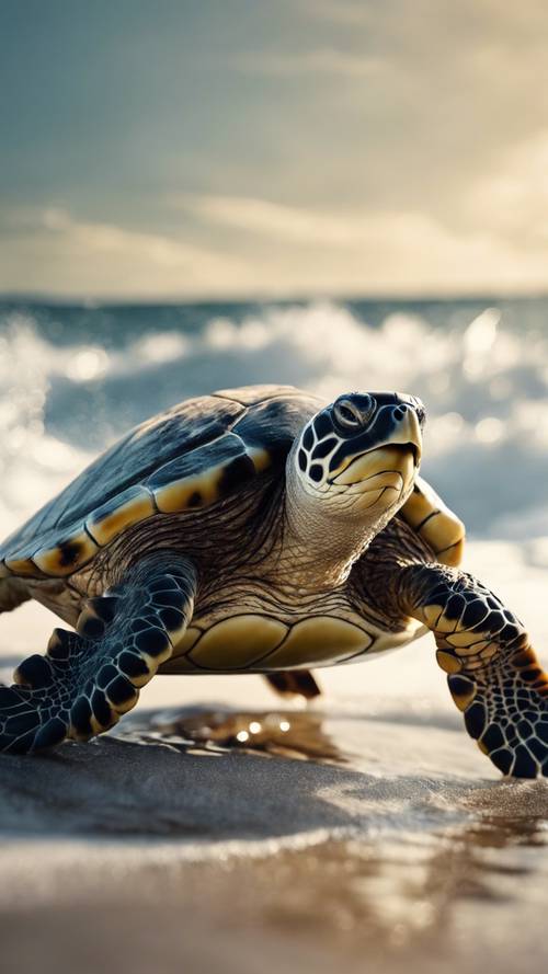 Uma criança tartaruga marinha diminuída por uma enorme onda do oceano.