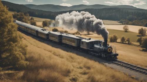 Un train gris vintage avec des garnitures dorées brillantes traversant une campagne pittoresque.