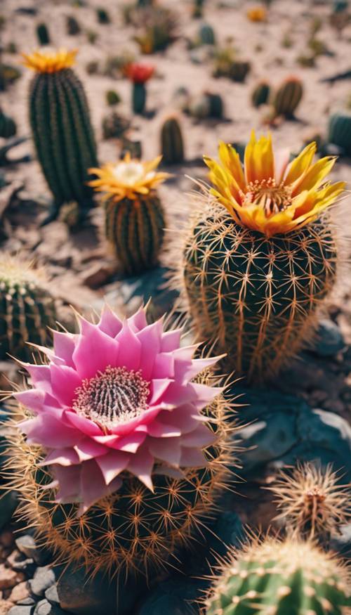 Vista cercana de varias flores de cactus, cada una de un color diferente, que crecen en un suelo desértico seco y agrietado. Fondo de pantalla [03401c4c2fef41e8a42f]