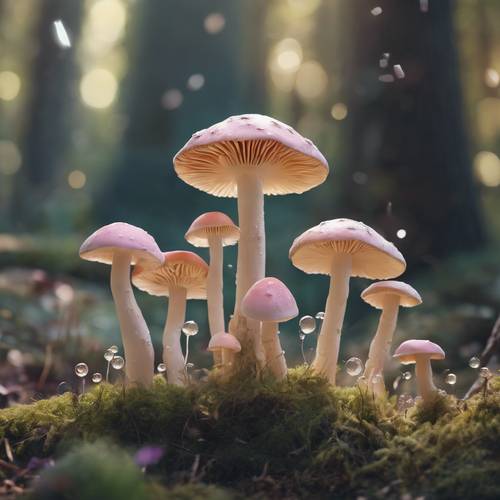Magiczna scena leśna z pastelowymi grzybami rosnącymi wokół kręgów wróżek.
