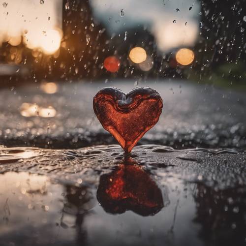 A heart-shaped puddle after a rain shower.