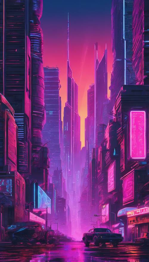 O horizonte de uma cidade ao anoitecer com luzes de néon refletidas em arranha-céus futuristas, destacando a estética cyberpunk.
