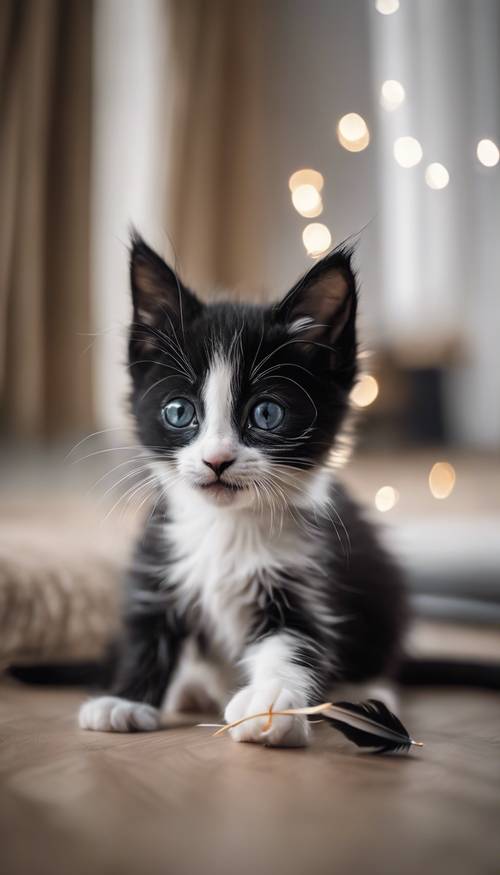 Adorável gatinho preto e branco com olhos grandes e brilhantes, brincando com um brinquedo de penas em uma sala de estar.
