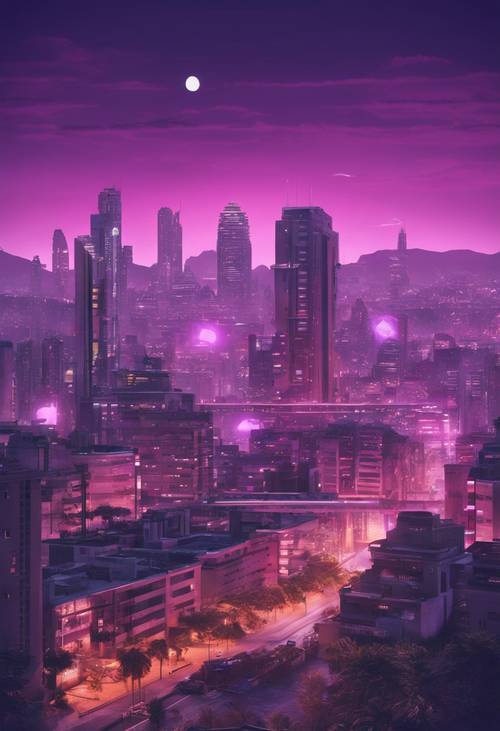 Una città Y2K retrofuturistica sotto un cielo crepuscolare viola.