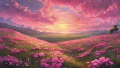 Gün batımında pembe bulutlardan oluşan gökyüzünün altında, parlayan çiçeklerle dolu geniş bir çimenlik ova.