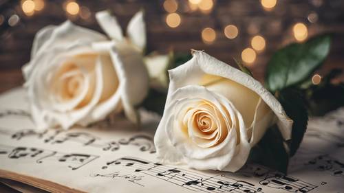 Uma rosa branca colocada suavemente sobre uma partitura desgastada em clave de sol.