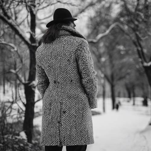 A person wearing a stylish black and white herringbone coat in winter.