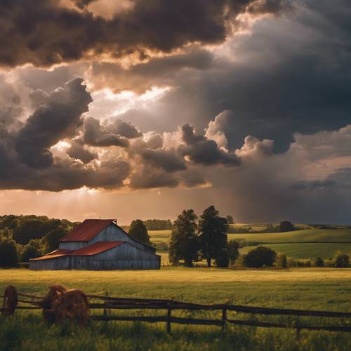 Storm clouds illuminated by the setting sun over a serene farm landscape.