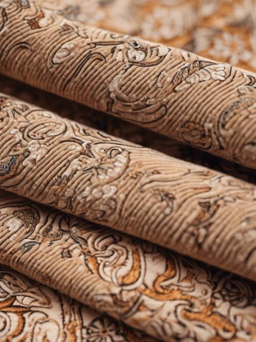 A pair of chic beige Y2K corduroy flares on a retro-styled paisley background.
