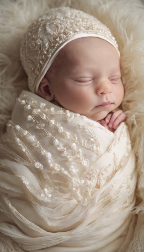 A newborn baby swaddled in a cream silk blanket with beautiful embroidered edges.