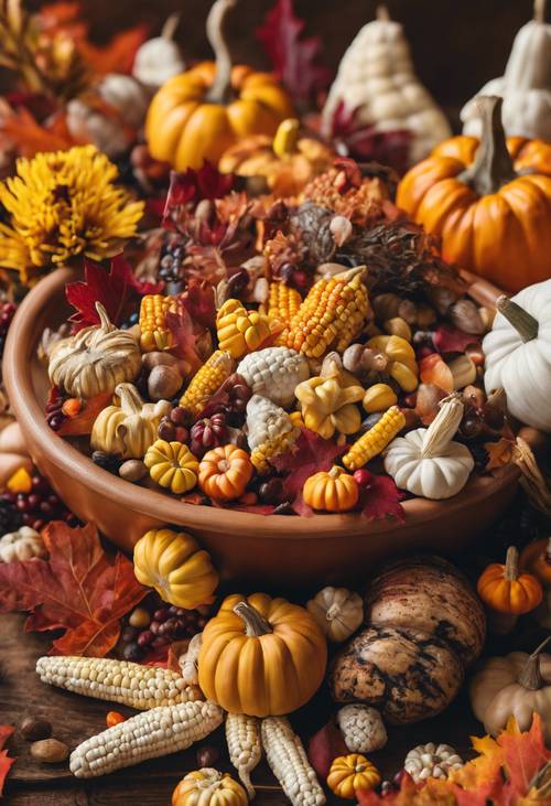 Aufwändiges Thanksgiving-Potpourri mit farbenfrohem Pilgermais, verschiedenen Kürbissorten und leuchtendem Herbstlaub aus Neuengland.