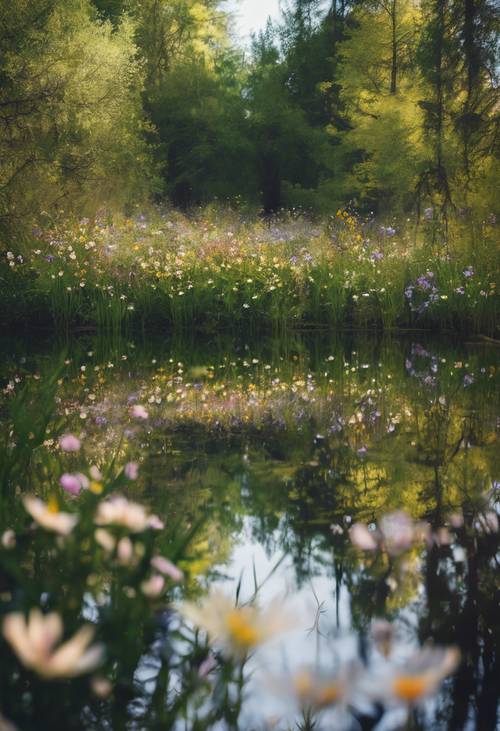 A reflection of wildflowers appearing over the surface of a tranquil forest pond.