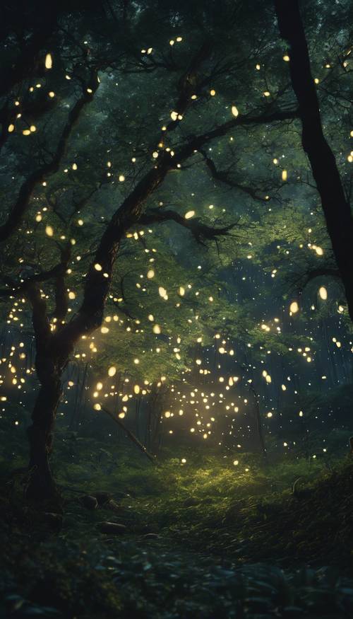 Uma cena noturna de uma tranquila floresta japonesa iluminada pelo brilho suave dos vaga-lumes.