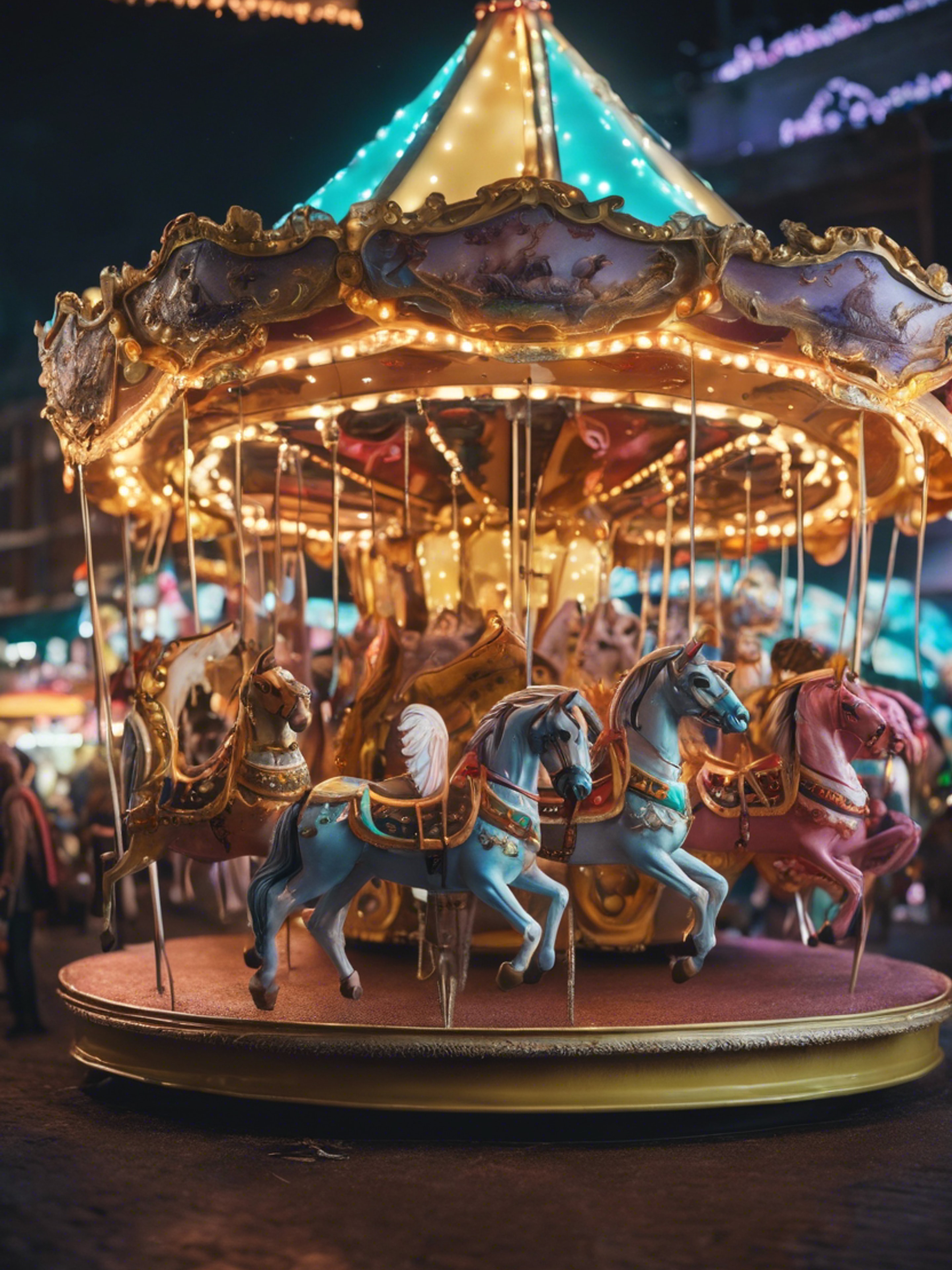 An enchanted carousel with various magical creatures as the seats, nestled in a festive carnival beneath a shower of neon stardust.壁紙[c01a4d9e6e424363abf7]
