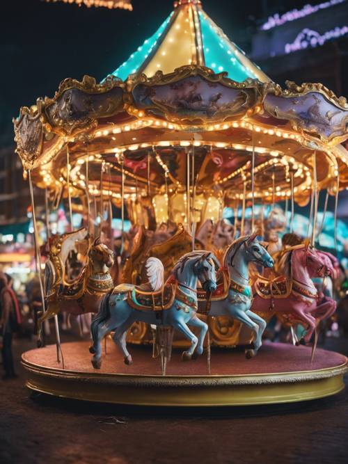 Un carrusel encantado con varias criaturas mágicas como asientos, ubicado en un carnaval festivo bajo una lluvia de polvo de estrellas de neón.