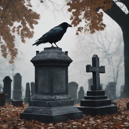 Crow perched on a black gothic gravestone in a misty cemetery.