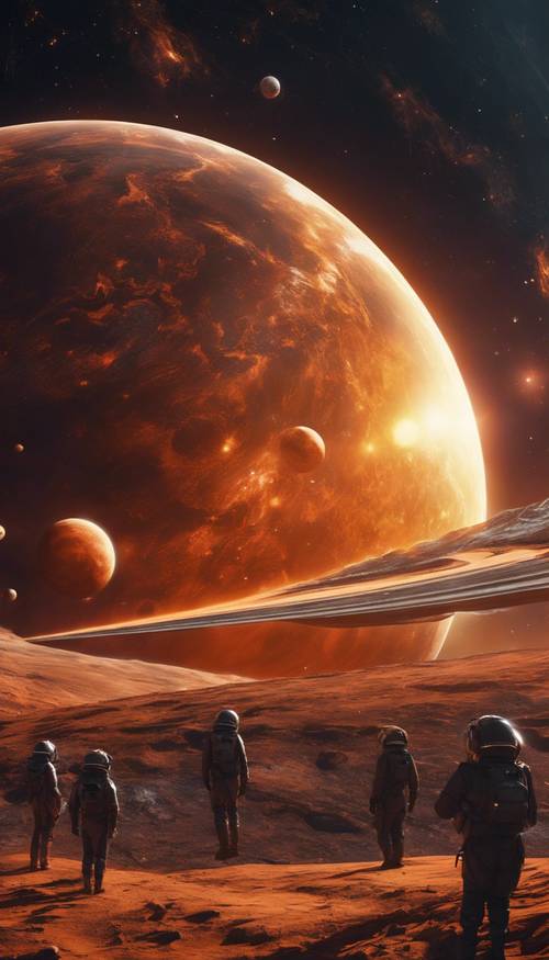 Una llamativa escena espacial con planetas iluminados por un aura naranja.