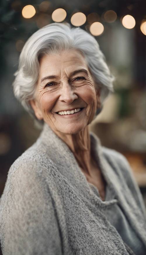 Un retrato suave de una majestuosa anciana de cabello plateado y una sonrisa cálida y acogedora.