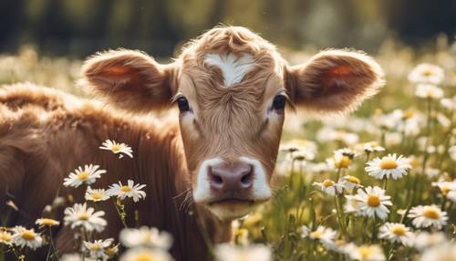 An adorable Taurus calf playing happily in a field of daisies under the daytime sun.