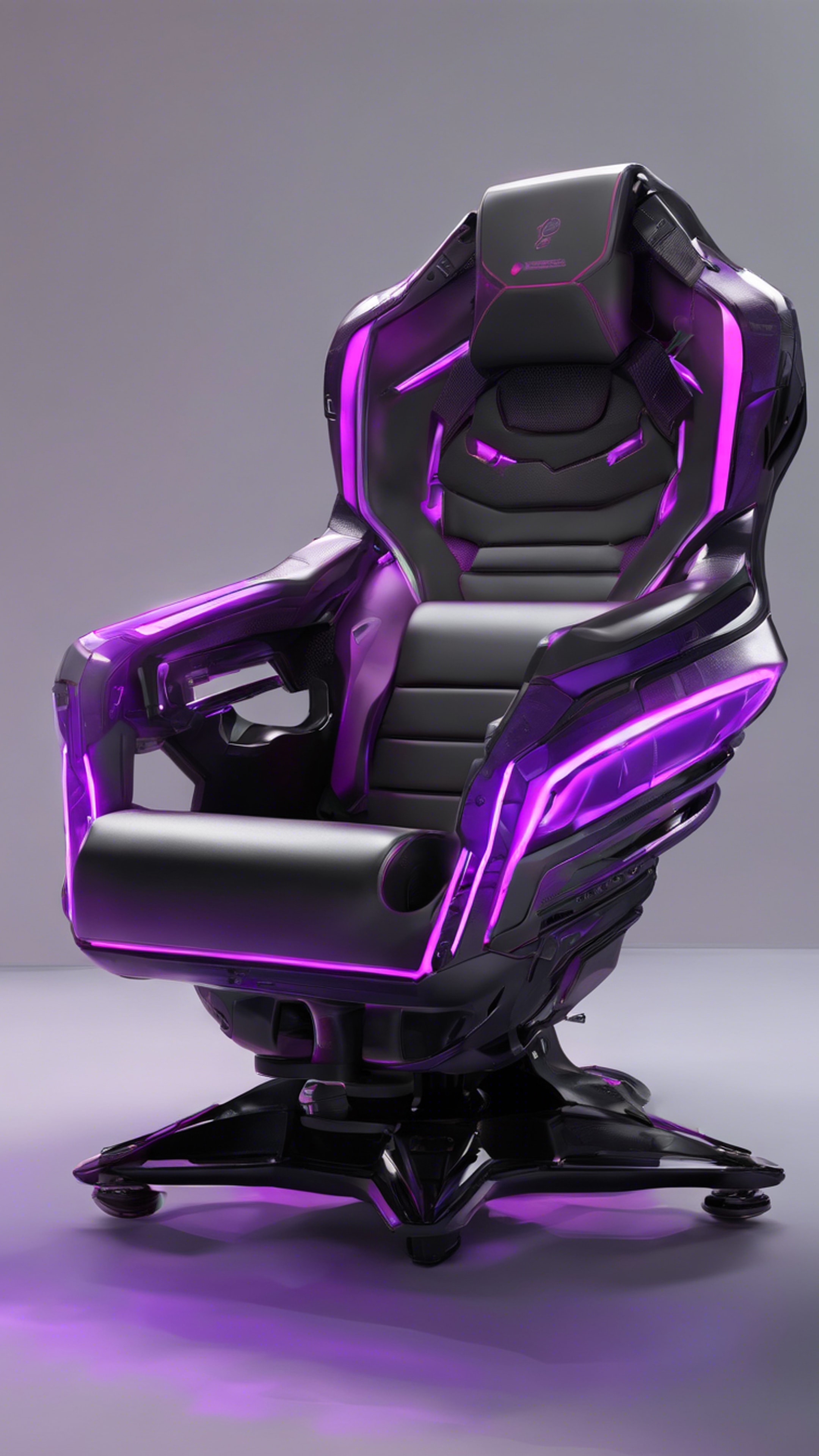 A futuristic gaming chair, jet black with neon purple accents, situated in a high-tech gaming station. Tapéta[77c4183ef08040e08e97]