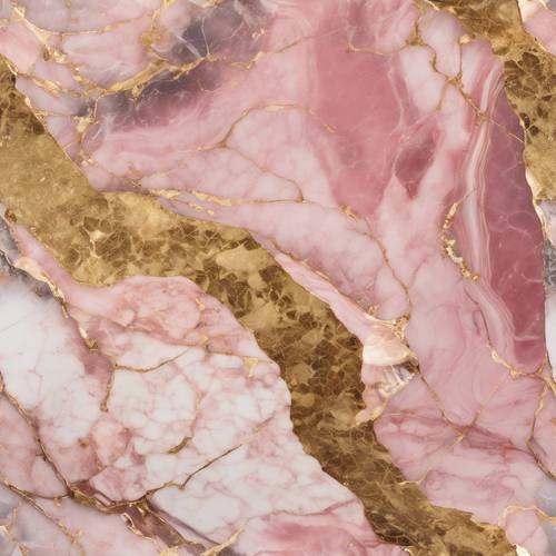 Uma textura abstrata e cristalina de uma laje de mármore rosa e dourada em detalhes.
