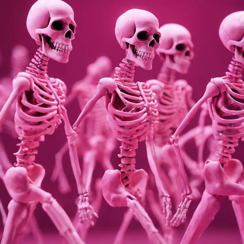 Plusieurs squelettes roses exécutant une routine de danse synchronisée.