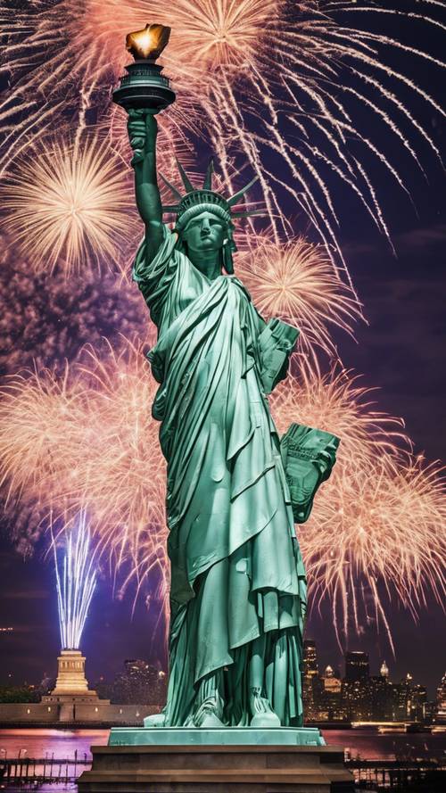 A spectacular view of the Statute of Liberty with a dazzling firework display in the background for Fourth of July.
