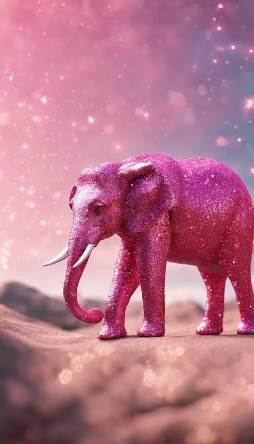 A pink elephant flying in a sparkling sky.