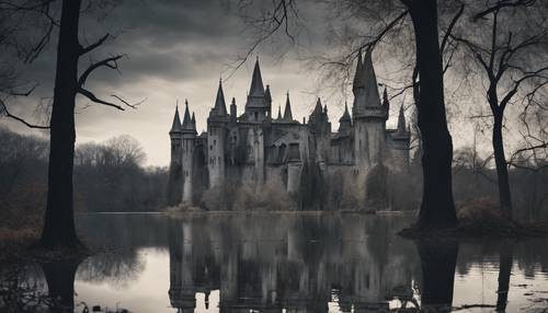 Una escena negra de un castillo gótico que se refleja en un lago tranquilo en medio de una arboleda de árboles esqueléticos.