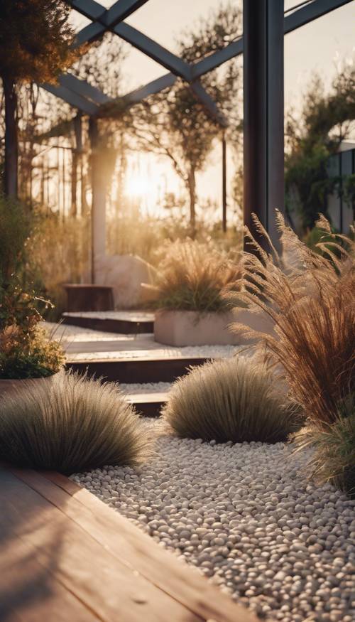 Moderno jardín contemporáneo en terraza con patrones de grava, hierbas ornamentales y estructuras artísticas minimalistas bañadas por la luz del atardecer.