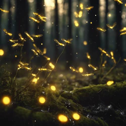 어두운 숲은 야생 반딧불이로 빛나고, 부드러운 노란색 빛으로 공기를 얼룩지게 합니다.