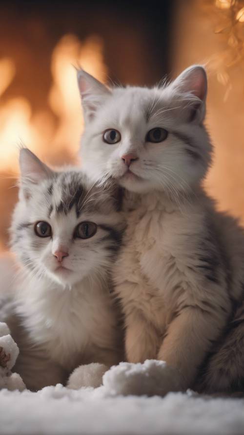 Eine Katzenfamilie mit schneeweißem Fell drängt sich in einer kalten Winternacht liebevoll vor einem warmen, gemütlichen Kamin zusammen.