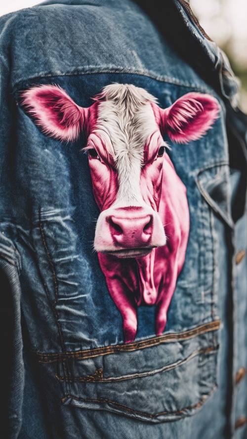 Estampa exclusiva de vaca rosa em uma jaqueta jeans vintage.