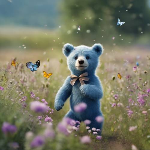 Игривый синий медвежонок гоняется за бабочками в поле полевых цветов.