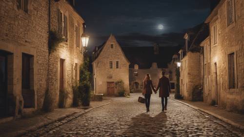 A romantic scene of a couple strolling down the cobblestone streets of Burgundy, under the moonlight with charming stone houses lining the path.