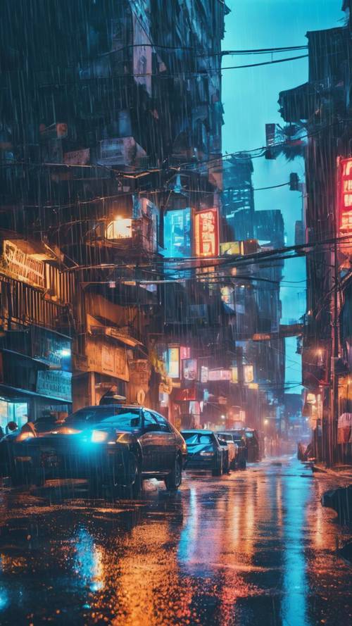 Neonowo-niebieski pejzaż miejski odbijający się nocą od zalanych deszczem ulic.