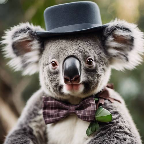Seekor koala menggemaskan dengan sabar berpose dengan topi dan dasi kupu-kupu untuk difoto.
