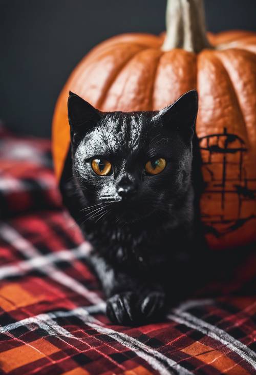 Uma abóbora de Halloween única e formal, colocada em um tecido de dois tartans, esculpida com a silhueta de um gato preto chique.