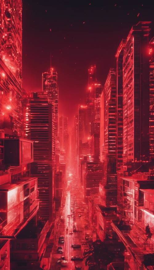 A retro 80s cityscape under a vivid, pulsating red aura.