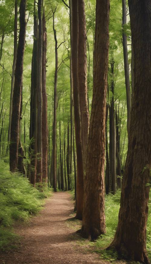 Una foresta tranquilla con alberi rigogliosi e verdi e tronchi d&#39;albero marroni.