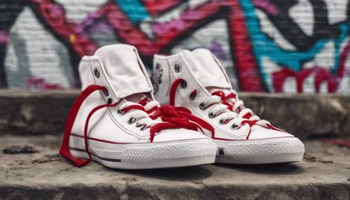 A white canvas shoe with red laces sitting against a graffiti wall.