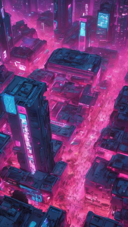 An aerial view of a bustling cyberpunk city, glowing under neon pink and deep blue lights.