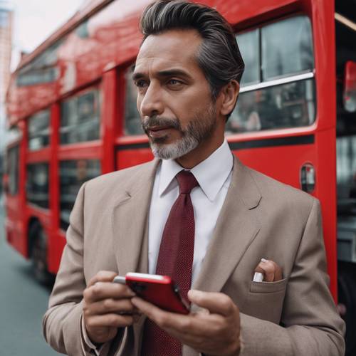 Un uomo d&#39;affari nell&#39;anno 2000 che usa il suo nuovo cellulare rosso.