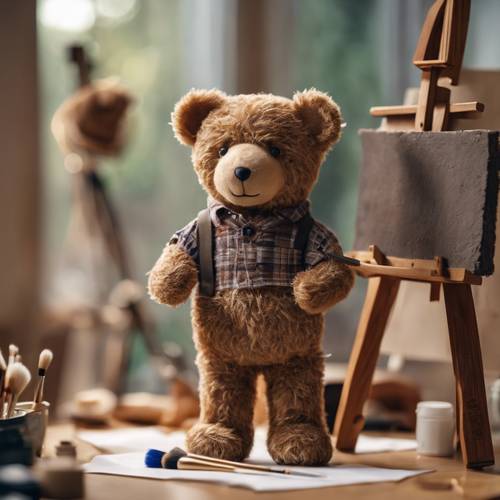 Un artiste ours en peluche, debout devant un chevalet, pinceau à la main.