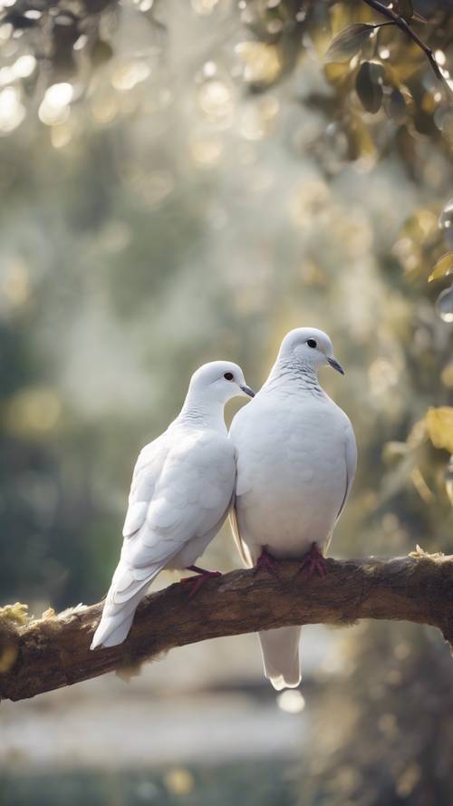 A pair of doves, pure white, sharing a tender moment on a quiet morning.