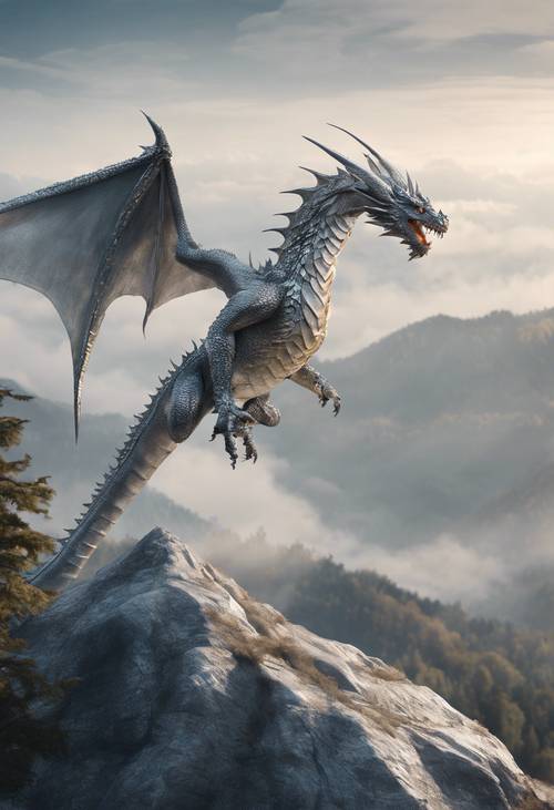 A silver-winged dragon soaring majestically over a misty mountain peak