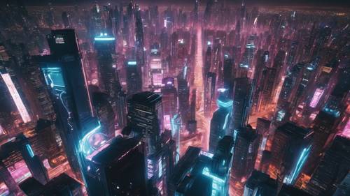 Dunia cyber-punk yang digambarkan dalam lampu neon, gedung pencakar langit yang megah, dan pasar futuristik yang ramai.